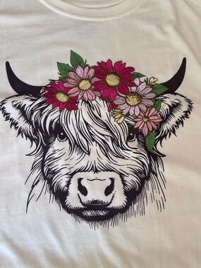 Floral Highland Cow Graphic Tee — White with Pink Flowers